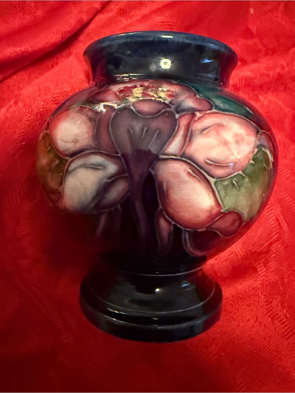 Rare vase moorcroft Glossy Dark Blue Vase with Pink Floral Relief